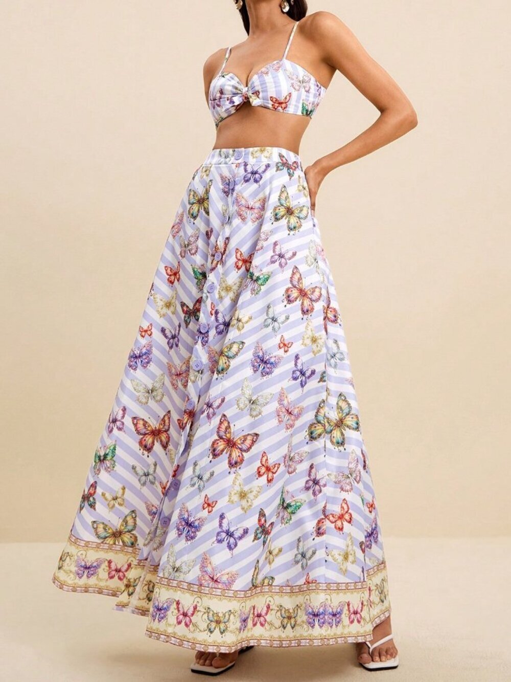 Multicolor Boho Women's Stripe Butterfly Print Maxi Skirt And Cami Crop Top Set